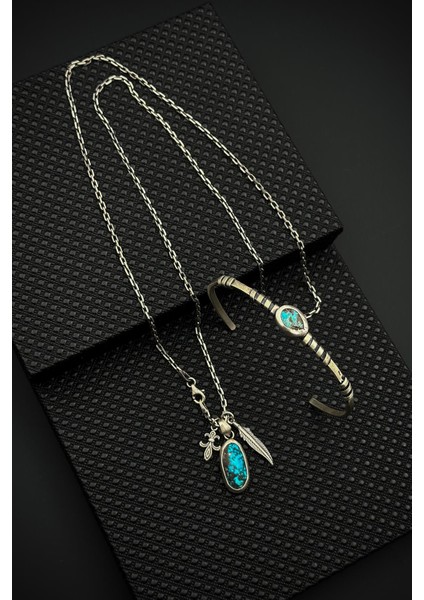 925 Ayar Gümüş Firuze Doğal Taşlı Gümüş Renkli Erkek Kelepçe Bileklik/kolye Set FRJ12592-3592-A2M