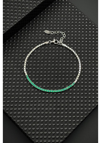 925 Ayar Gümüş Italyan Model Zirkon Taşlı Yeşil Renk Erkek Bileklik FRJ12234-3234-Y