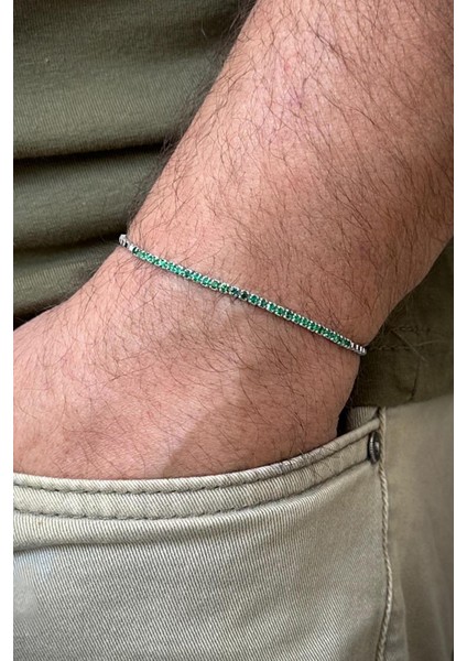 925 Ayar Gümüş Italyan Model Zirkon Taşlı Yeşil Renk Erkek Bileklik FRJ12234-3234-Y fiyatları