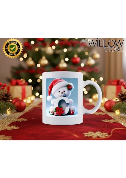 Noel Ayıcık Temalı C Harfi Porselen Kupa Bardak,hediyelik,yılbaşı,isim Temalı,merry Christmas
