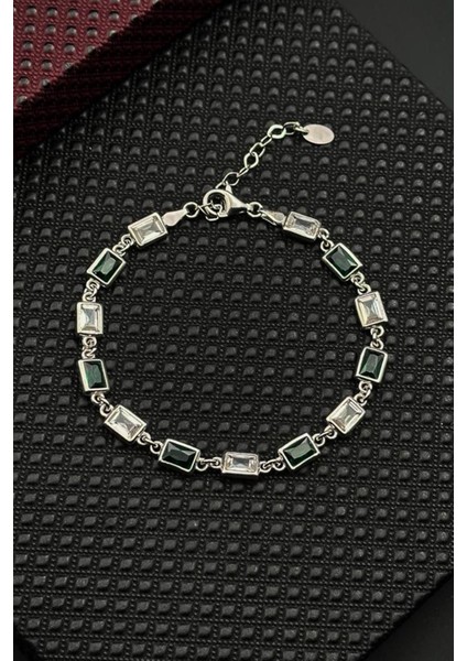 925 Ayar Gümüş Yeşil-Beyaz Zirkon Taşlı Gümüş Renk Erkek Bileklik FRJ12677-3677-YA