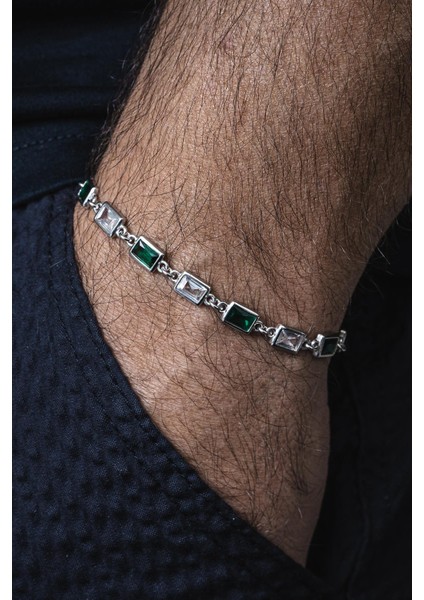 925 Ayar Gümüş Yeşil-Beyaz Zirkon Taşlı Gümüş Renk Erkek Bileklik FRJ12677-3677-YA modelleri