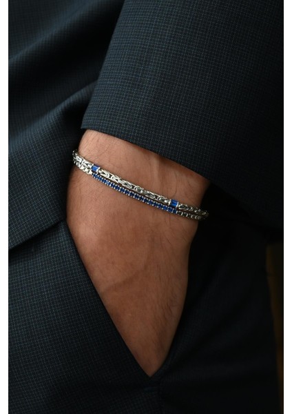 925 Ayar Gümüş Italyan Model Lacivert Zirkon Taşlı Gümüş Renk Erkek Bileklik FRJ12359-3359-L