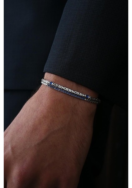 925 Ayar Gümüş Italyan Model Lacivert Zirkon Taşlı Gümüş Renk Erkek Bileklik FRJ12359-3359-L fiyatları
