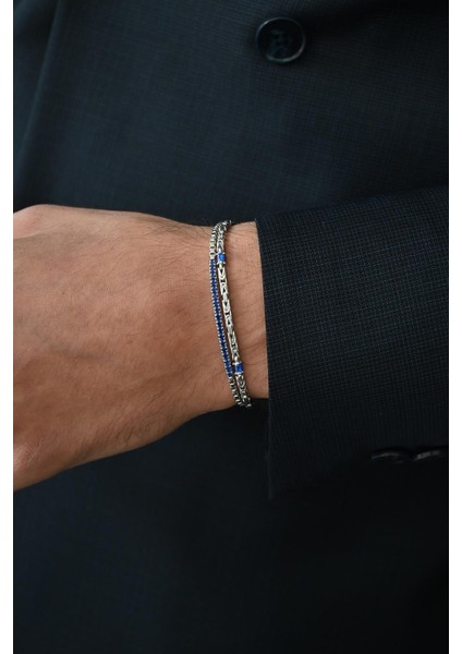 925 Ayar Gümüş Italyan Model Lacivert Zirkon Taşlı Gümüş Renk Erkek Bileklik FRJ12359-3359-L modelleri