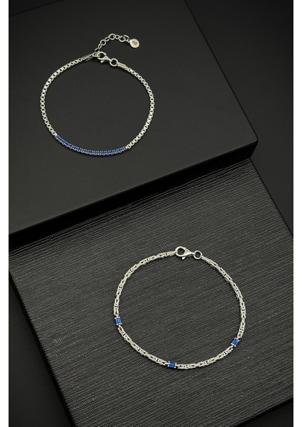 925 Ayar Gümüş Italyan Model Lacivert Zirkon Taşlı Gümüş Renk Erkek Bileklik FRJ12359-3359-L fırsatları