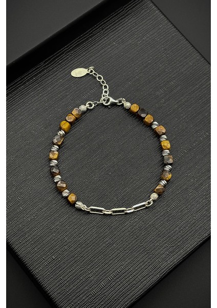 925 Ayar Gümüş ve Kaplan Gözü Doğal Taşlı Kahverengi Erkek Bileklik FRJ12381-3381-K