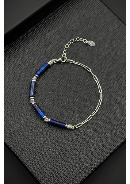 925 Ayar Gümüş ve Lapis Lazuli Doğal Taşlı Lacivert Renk Erkek Bileklik FRJ12410-3410-L