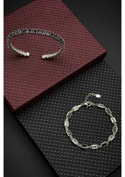 925 Ayar Gümüş Siyah Zirkon Taşlı Gümüş Renk Erkek Bileklik Set FRJ12696-3696-S2