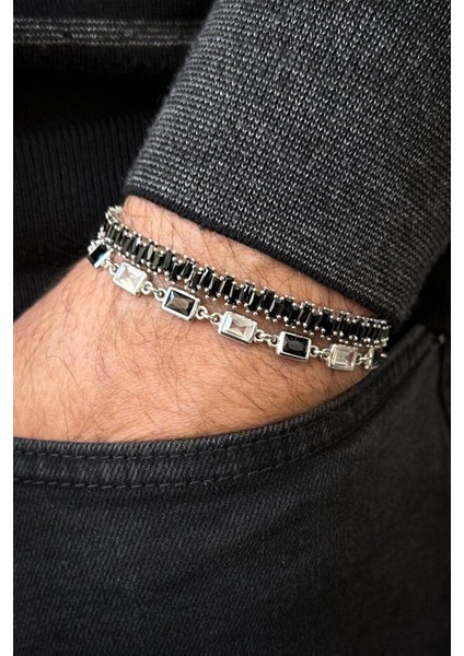 925 Ayar Gümüş Siyah Zirkon Taşlı Gümüş Renk Erkek Bileklik Set FRJ12696-3696-S2 fiyatları