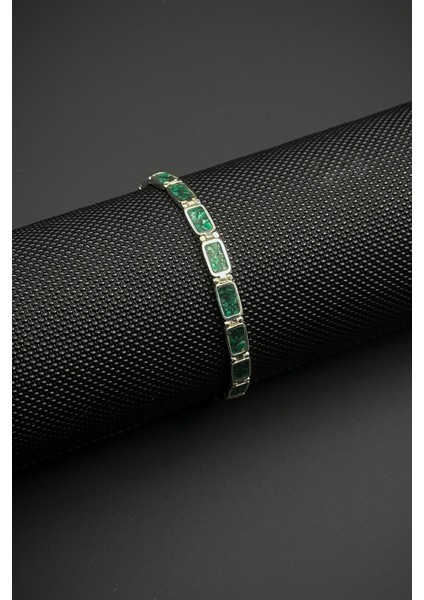 925 Ayar Gümüş ve Malahit Doğal Taşlı Yeşil Renk Erkek Bileklik FRJ12461-3461-Y