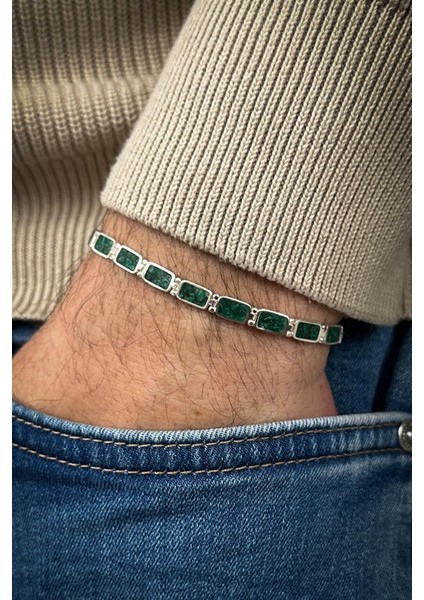 925 Ayar Gümüş ve Malahit Doğal Taşlı Yeşil Renk Erkek Bileklik FRJ12461-3461-Y modelleri