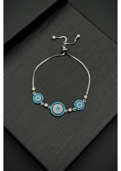 925 Ayar Gümüş Nazar Figürlü Zirkon Taşlı Gümüş Renk Kadın Bileklik FRJ12553-3553-MA