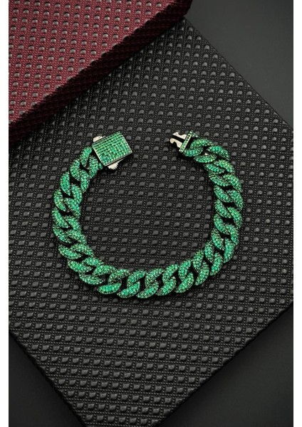 925 Ayar Gümüş Yeşil Zirkon Taşlı Füme Renk Erkek Bileklik FRJ12682-3682-Y