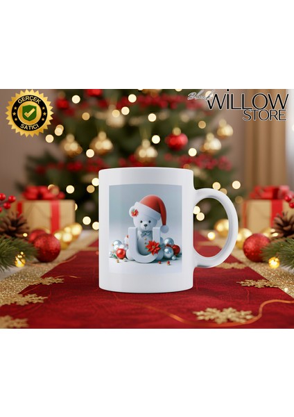 Noel Ayıcık Temalı U Harfi Porselen Kupa Bardak,hediyelik,yılbaşı,isim Temalı,merry Christmas