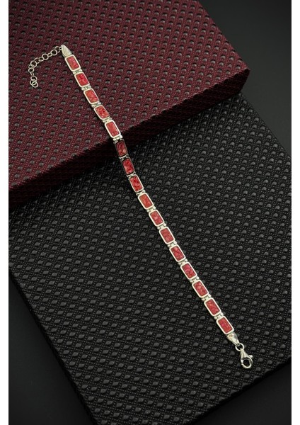 925 Ayar Gümüş ve Varisit Doğal Taşlı Kırmızı Renk Erkek Bileklik FRJ12461-3461-K