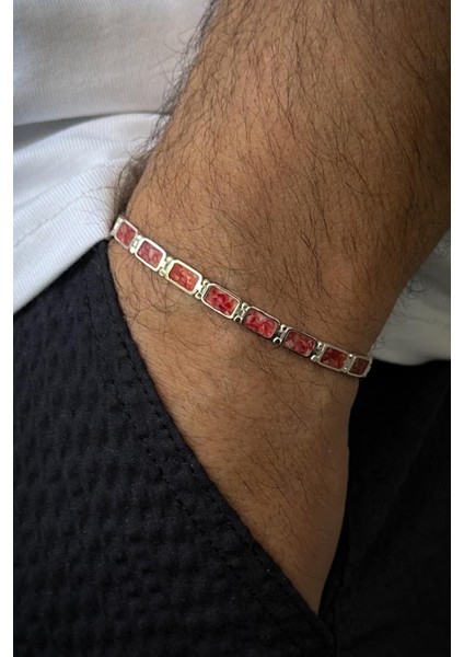 925 Ayar Gümüş ve Varisit Doğal Taşlı Kırmızı Renk Erkek Bileklik FRJ12461-3461-K fiyatları