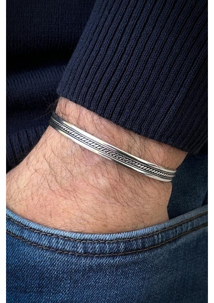 925 Ayar Gümüş Italyan Model Gümüş Renk Erkek Kelepçe Bileklik FRJ12554-3554-A2 fiyatları