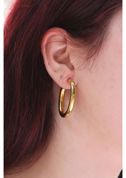 Kalın Form Oval Halka Kadın Çelik Küpe