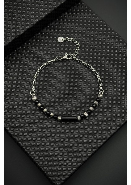 316L Çelik ve Onyx Doğal Taşlı Siyah Renk Erkek Bileklik FRJ12647-3647-S