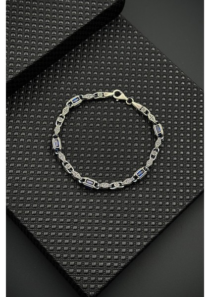 925 Ayar Gümüş Lacivert Zirkon Taşlı Gümüş Renk Erkek Bileklik FRJ12653-3653-L