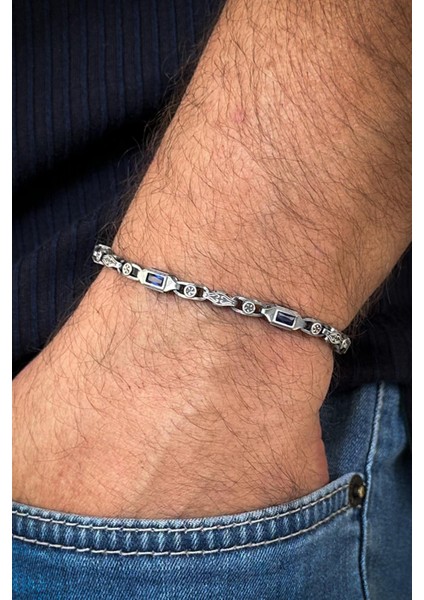 925 Ayar Gümüş Lacivert Zirkon Taşlı Gümüş Renk Erkek Bileklik FRJ12653-3653-L fiyatları