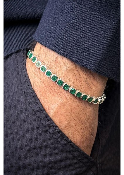 925 Ayar Gümüş Yeşil Doğal Taşlı Gümüş Renk Erkek Bileklik FRJ12678-3678-Y modelleri