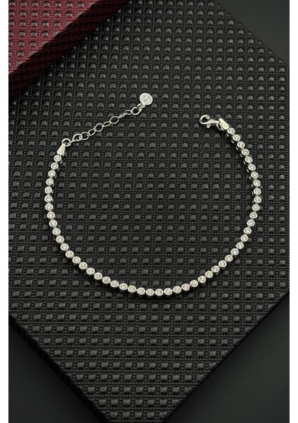 925 Ayar Gümüş Beyaz Zirkon Taşlı Gümüş Renk Erkek Bileklik FRJ12672-3672-A