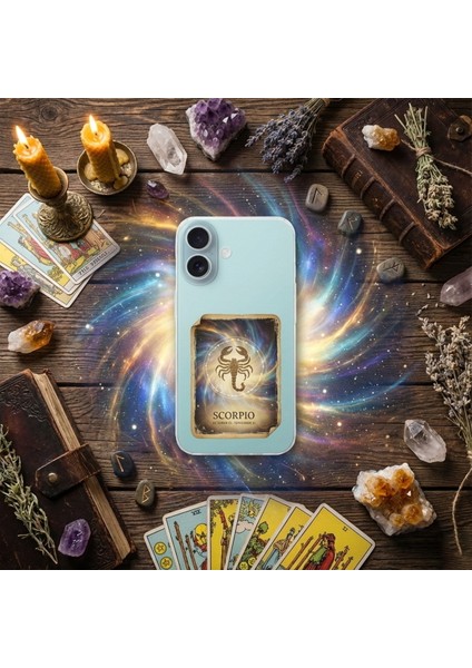 Samsung Galaxy A04 ile Uyumlu Burç Kartları Akrep Tasarımlı Şeffaf Silikon Kılıf modelleri