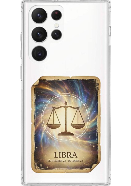Samsung Galaxy S22 Ultra ile Uyumlu Burç Kartları Terazi Tasarımlı Şeffaf Silikon Kılıf