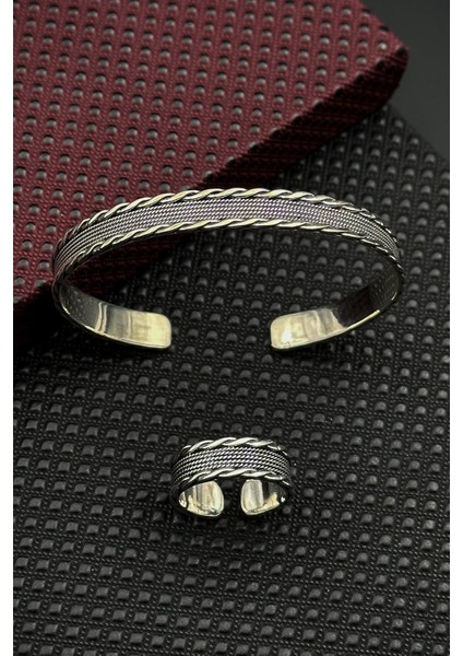 925 Ayar Gümüş Italyan Model Gümüş Renk Erkek Bileklik/yüzük Set FRJ12661-3661-A10