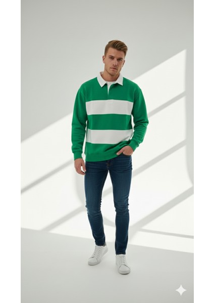 Unısex Gömlek Yaka Üç Iplikli Düğmeli Yumuşak Dokulu Çift Renk Sweatshirt