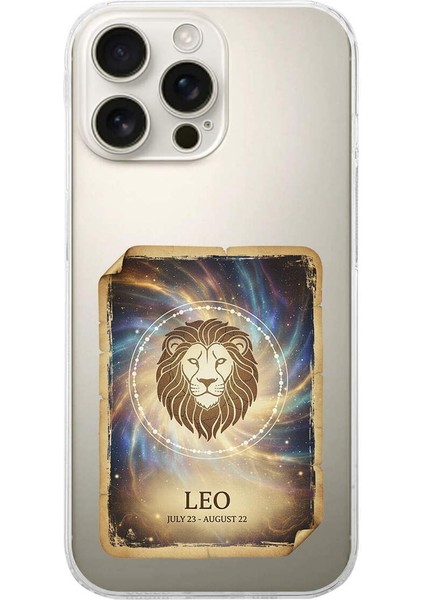 iPhone 16 Pro ile Uyumlu Burç Kartları Aslan Tasarımlı Şeffaf Silikon Kılıf