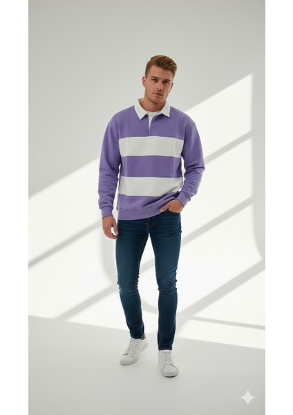 Unısex Gömlek Yaka Üç Iplikli Düğmeli Yumuşak Dokulu Çift Renk Sweatshirt