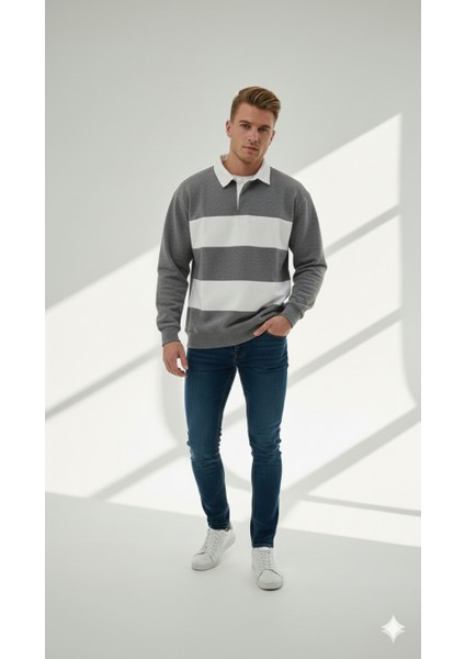 Unısex Gömlek Yaka Üç Iplikli Düğmeli Yumuşak Dokulu Çift Renk Sweatshirt