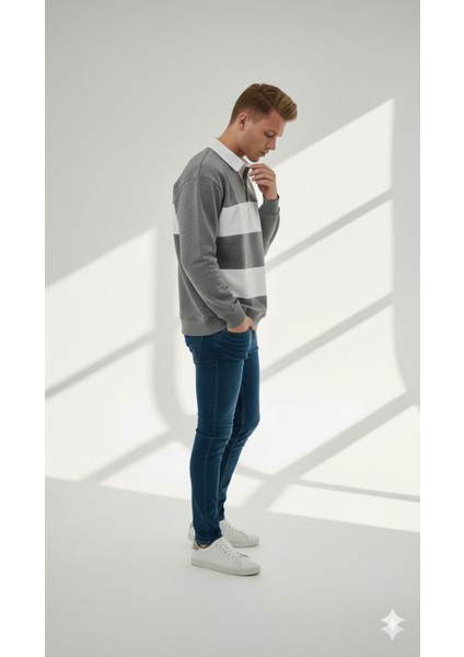 Unısex Gömlek Yaka Üç Iplikli Düğmeli Yumuşak Dokulu Çift Renk Sweatshirt fiyatları