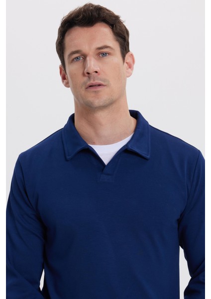 Erkek Relax Fit Rahat Kesim Polo V Yaka Açık Lacivert Sweatshirt