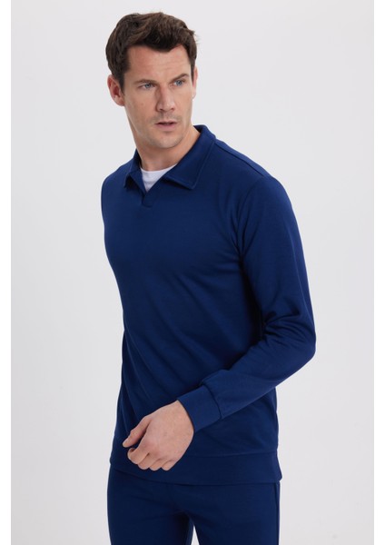 Erkek Relax Fit Rahat Kesim Polo V Yaka Açık Lacivert Sweatshirt fiyatları