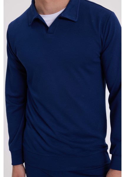 Erkek Relax Fit Rahat Kesim Polo V Yaka Açık Lacivert Sweatshirt modelleri