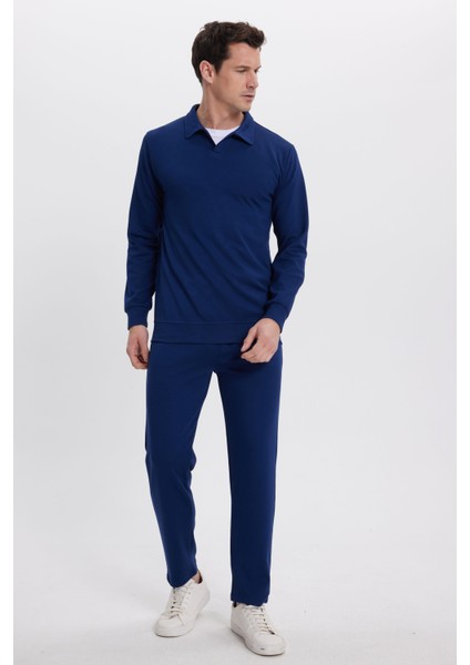 Erkek Relax Fit Rahat Kesim Polo V Yaka Açık Lacivert Sweatshirt fırsatları