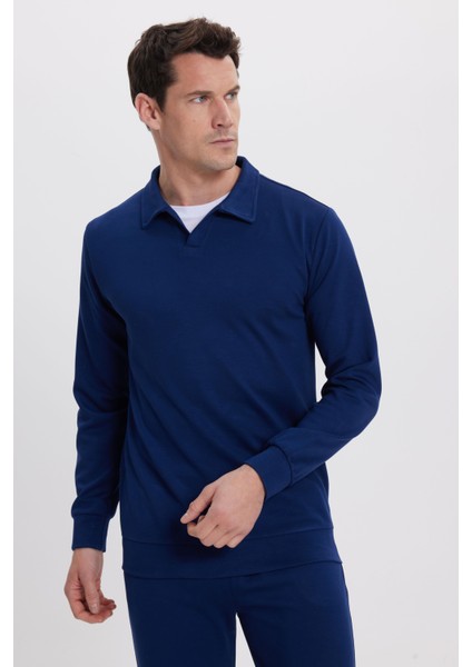 Erkek Relax Fit Rahat Kesim Polo V Yaka Açık Lacivert Sweatshirt indirimleri