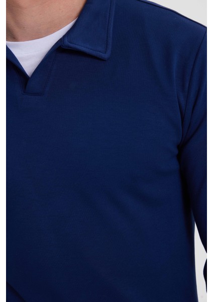 Erkek Relax Fit Rahat Kesim Polo V Yaka Açık Lacivert Sweatshirt