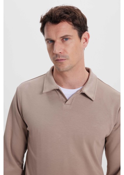 Erkek Relax Fit Rahat Kesim Polo V Yaka Vizon Sweatshirt