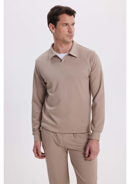 Erkek Relax Fit Rahat Kesim Polo V Yaka Vizon Sweatshirt fiyatları