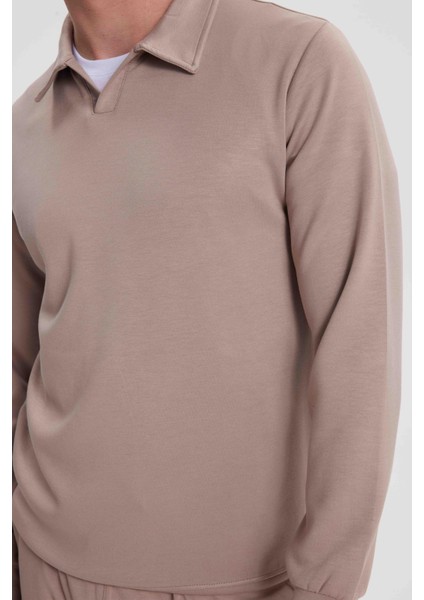 Erkek Relax Fit Rahat Kesim Polo V Yaka Vizon Sweatshirt modelleri