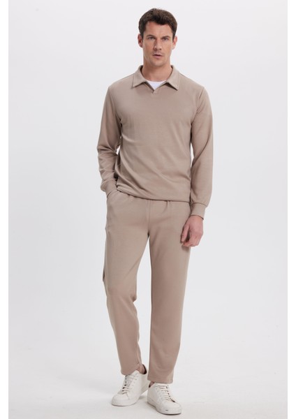 Erkek Relax Fit Rahat Kesim Polo V Yaka Vizon Sweatshirt fırsatları