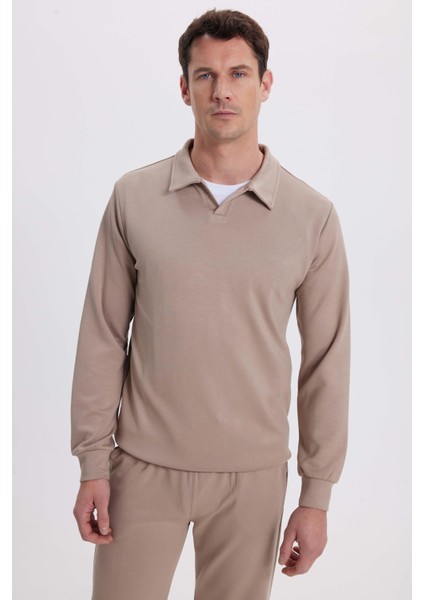 Erkek Relax Fit Rahat Kesim Polo V Yaka Vizon Sweatshirt indirimleri