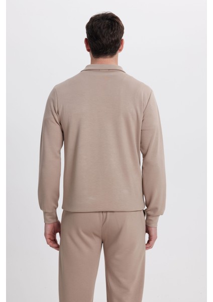 Erkek Relax Fit Rahat Kesim Polo V Yaka Vizon Sweatshirt