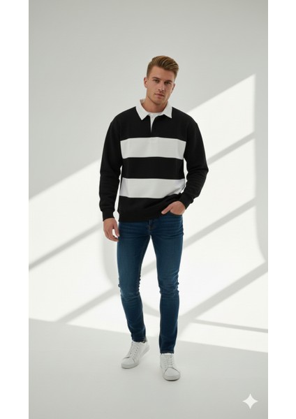 Unısex Gömlek Yaka Üç Iplikli Düğmeli Yumuşak Dokulu Çift Renk Sweatshirt