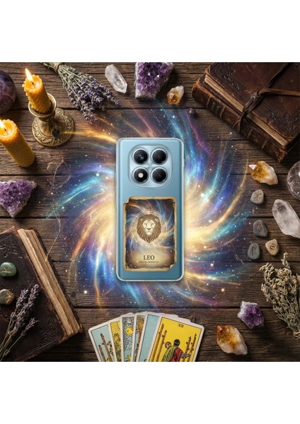 Samsung Galaxy A23 ile Uyumlu Burç Kartları Aslan Tasarımlı Şeffaf Silikon Kılıf modelleri